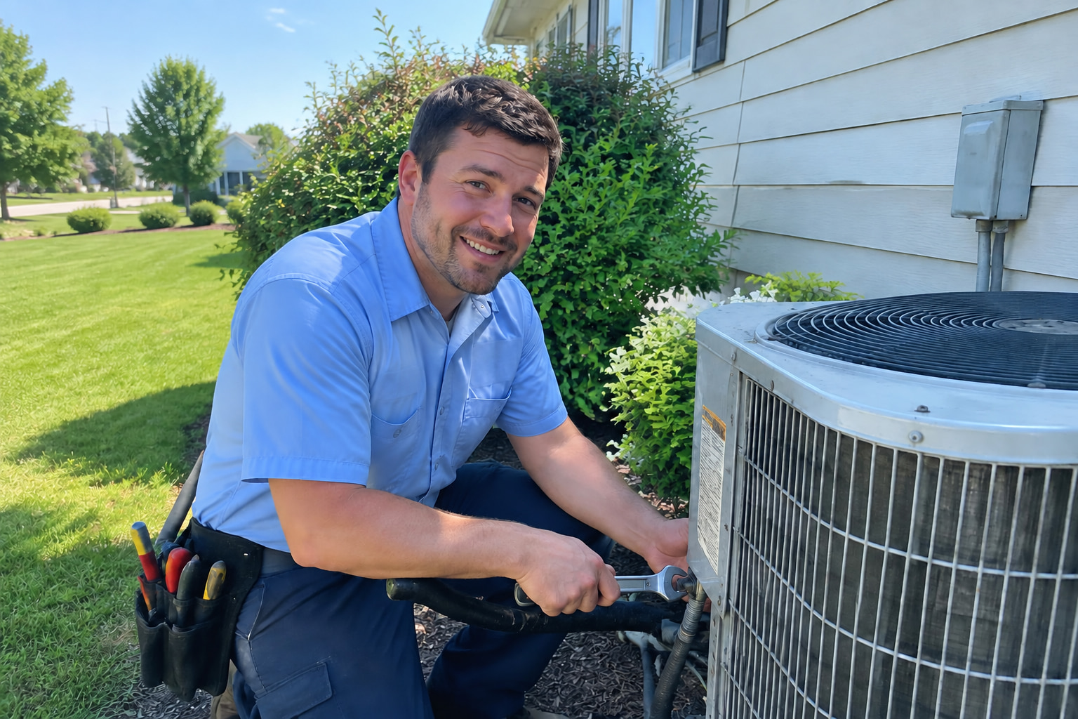 Ice Cold Direct technician servicing an outdoor central air conditioning condenser