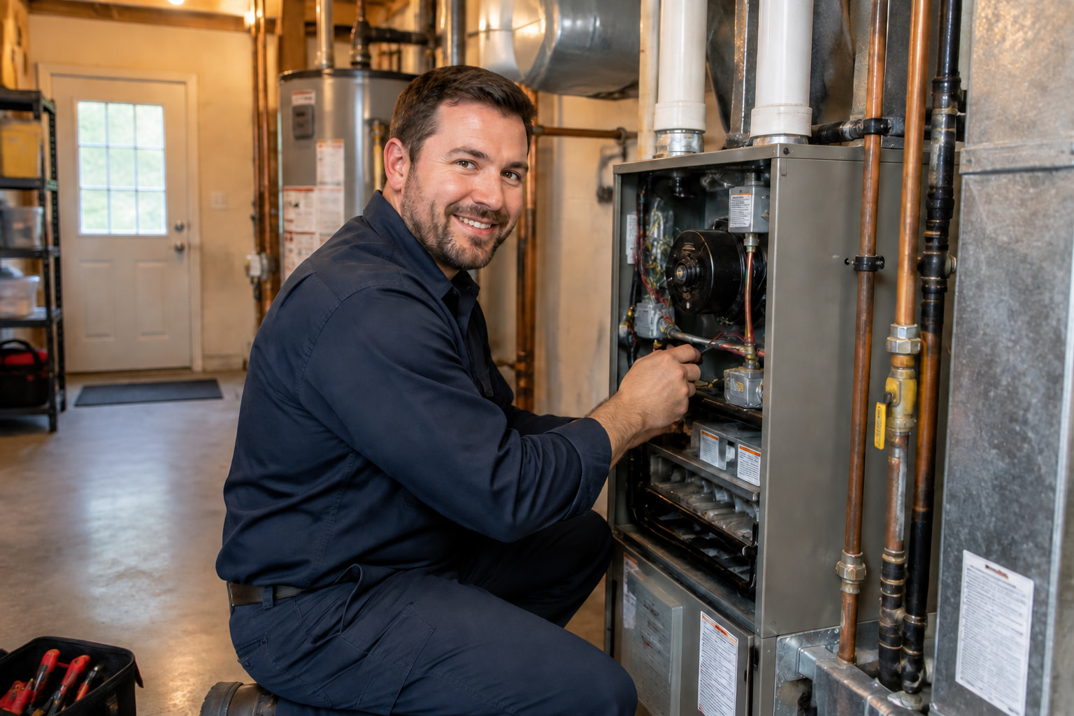Ice Cold Direct technician servicing a gas furnace in a home utility room